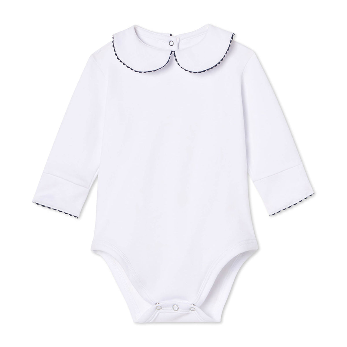 Classic and Preppy Izzy Long Sleeve Onesie, White with Blue Ribbon Ric Rac-Baby Rompers-Bright White with Blue Ribbon Ric Rac-0-3M-CPC - Classic Prep Childrenswear