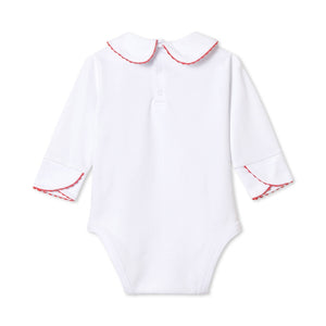 More Image, Classic and Preppy Izzy Long Sleeve Onesie, White with Crimson Ric Rac-Baby Rompers-CPC - Classic Prep Childrenswear