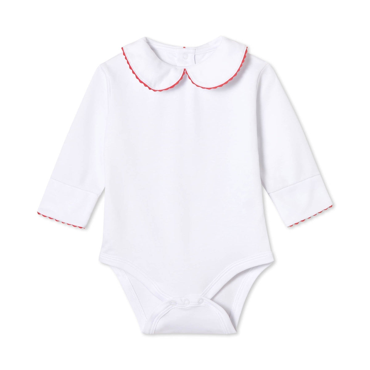 Classic and Preppy Izzy Long Sleeve Onesie, White with Crimson Ric Rac-Baby Rompers-Bright White with Crimson Ric Rac-0-3M-CPC - Classic Prep Childrenswear