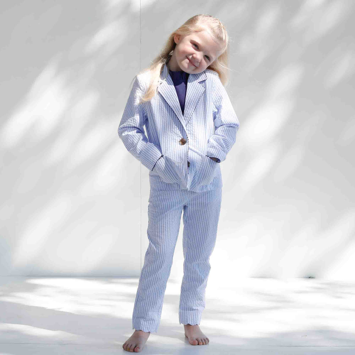 Classic and Preppy Laura Blazer, Vista Blue Seersucker-Outerwear-CPC - Classic Prep Childrenswear