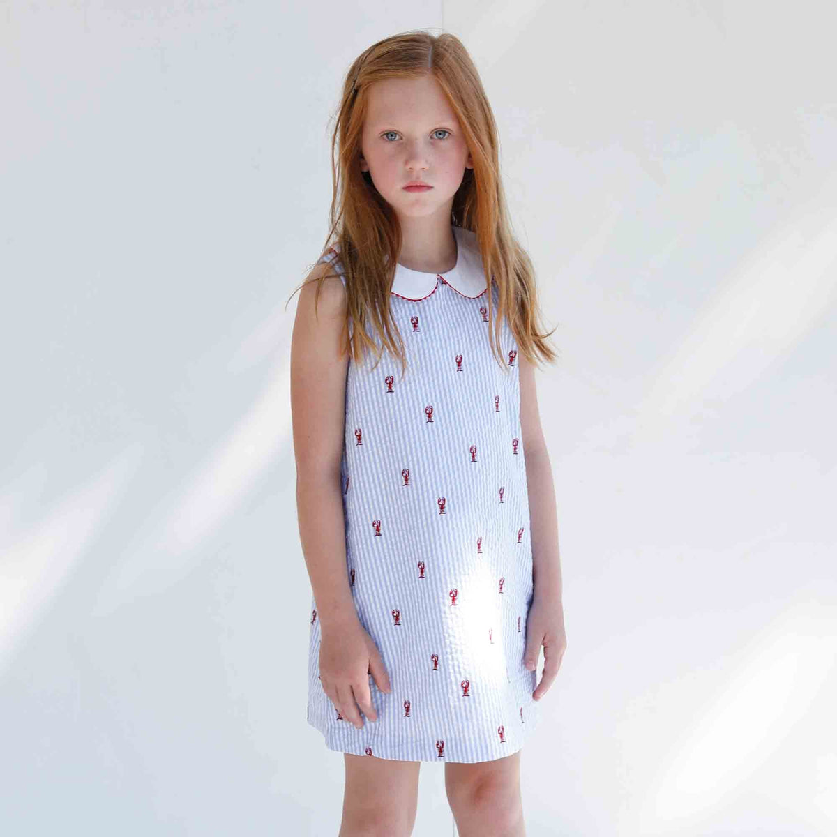Classic and Preppy Maddie Dress, Vista Blue Seersucker Lobster Embroidery-Dresses, Jumpsuits and Rompers-CPC - Classic Prep Childrenswear