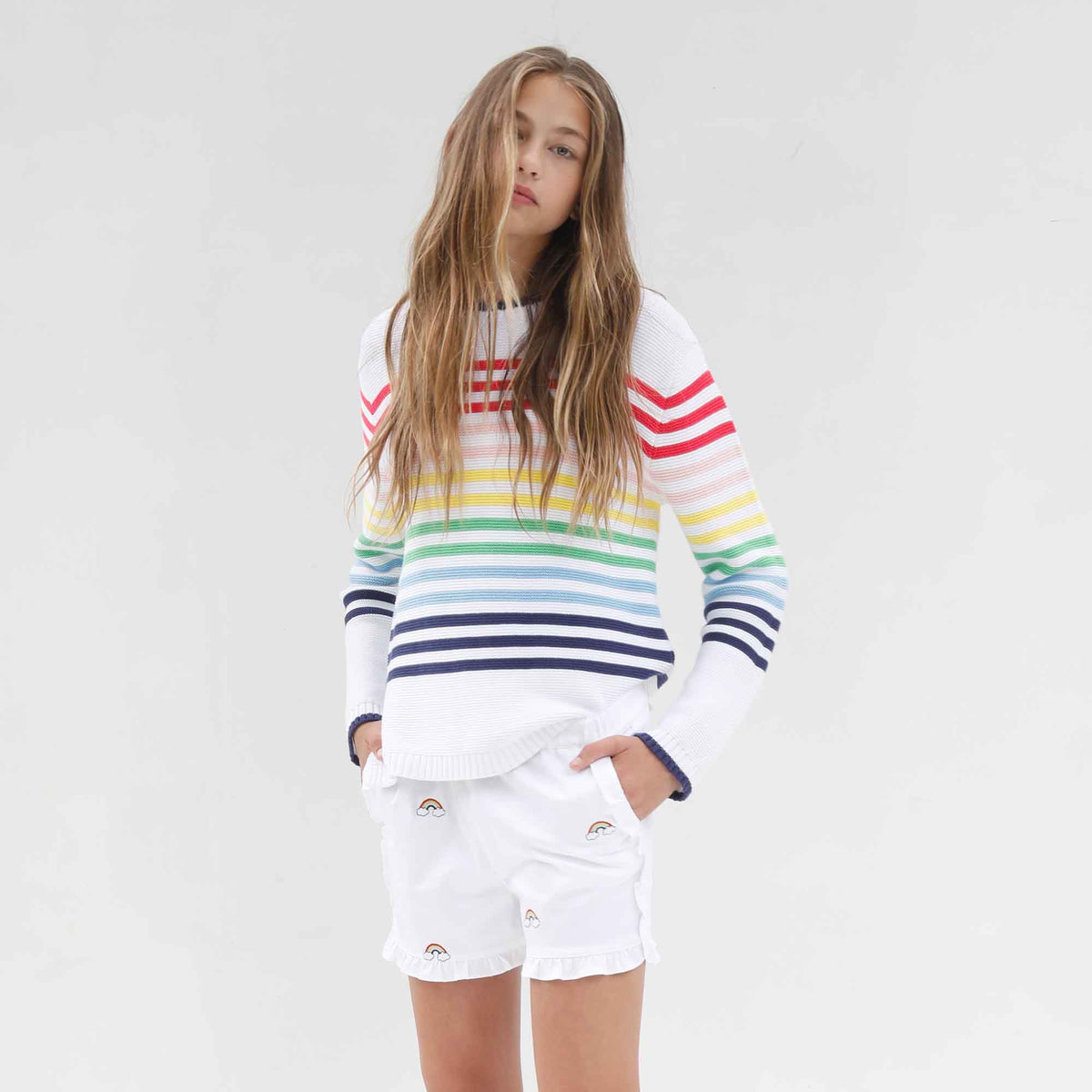 Classic and Preppy Ella Relaxed Rainbow Sweater, Bright White-Sweaters-CPC - Classic Prep Childrenswear