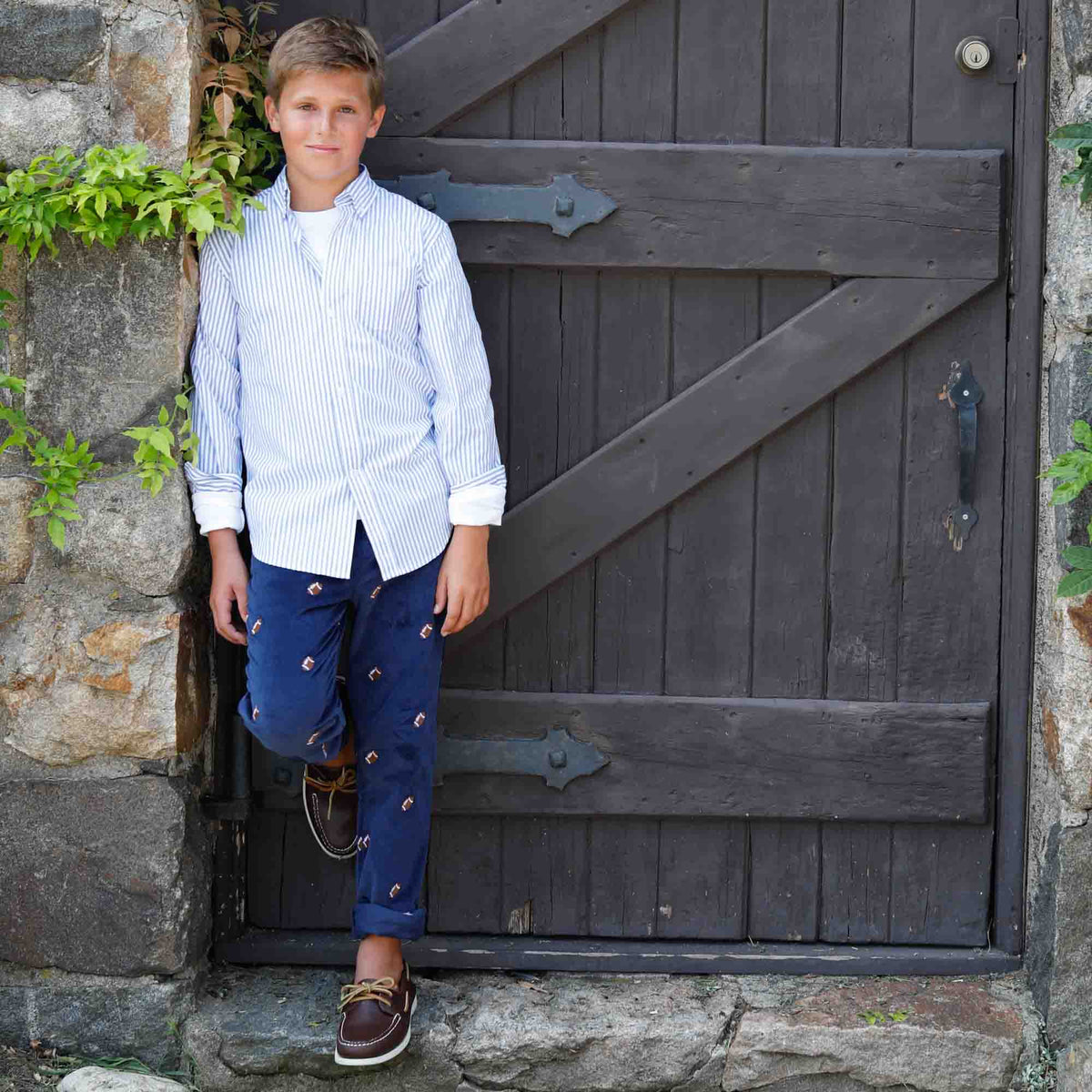 Classic and Preppy Gavin Pant, Medieval Blue Cord with Footballs-Bottoms-CPC - Classic Prep Childrenswear