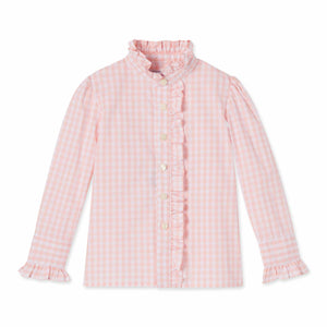 More Image, Classic and Preppy Ginny Ruffle Front Button Down, Driftway Gingham-Shirts and Tops-Driftway Gingham-2T-CPC - Classic Prep Childrenswear