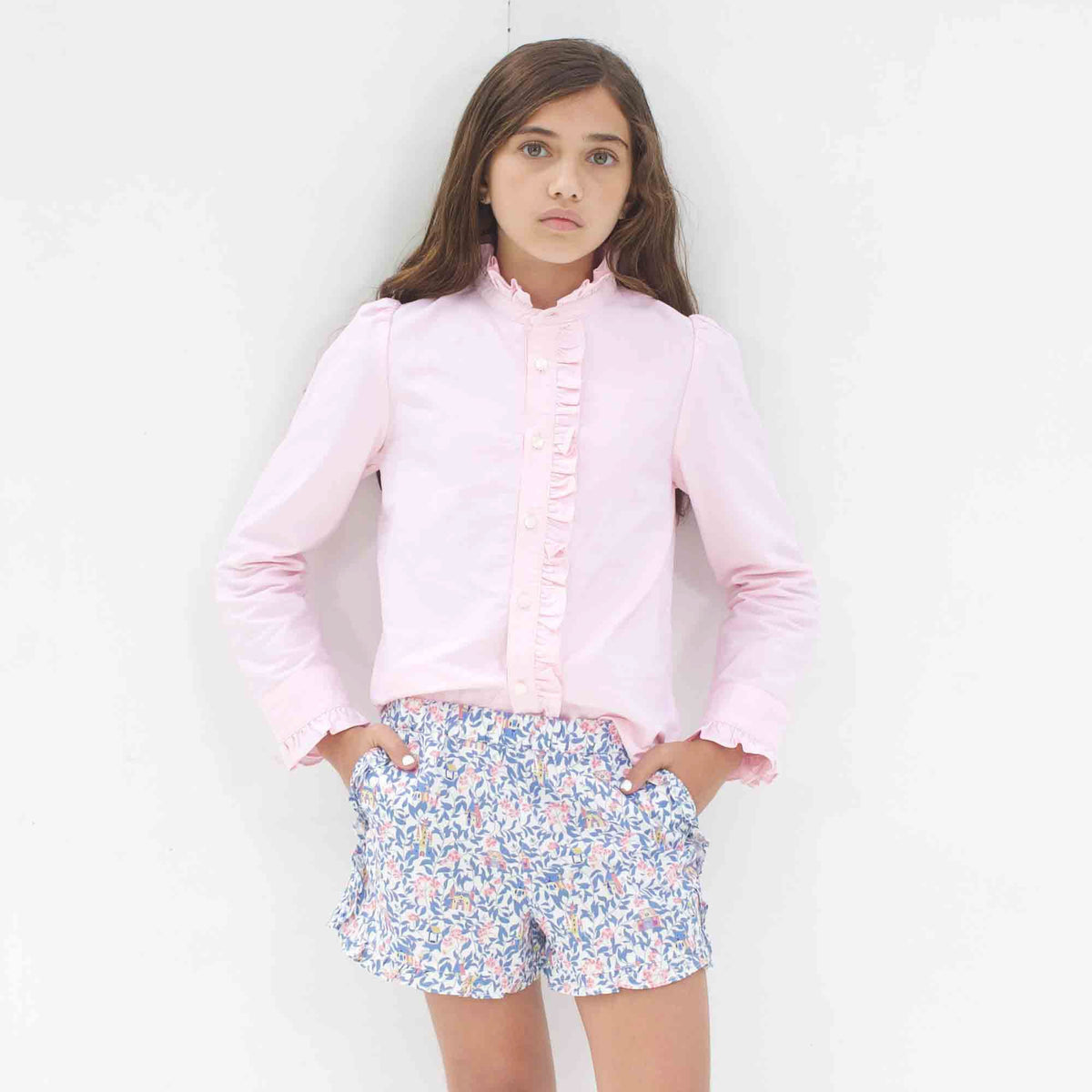 Classic and Preppy Ginny Ruffle Front Button Down Oxford, Pinkesque-Shirts and Tops-CPC - Classic Prep Childrenswear