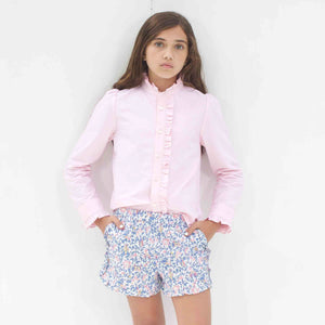 More Image, Classic and Preppy Ginny Ruffle Front Button Down Oxford, Pinkesque-Shirts and Tops-CPC - Classic Prep Childrenswear