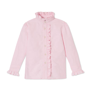 More Image, Classic and Preppy Ginny Ruffle Front Button Down Oxford, Pinkesque-Shirts and Tops-Pinkesque-2T-CPC - Classic Prep Childrenswear