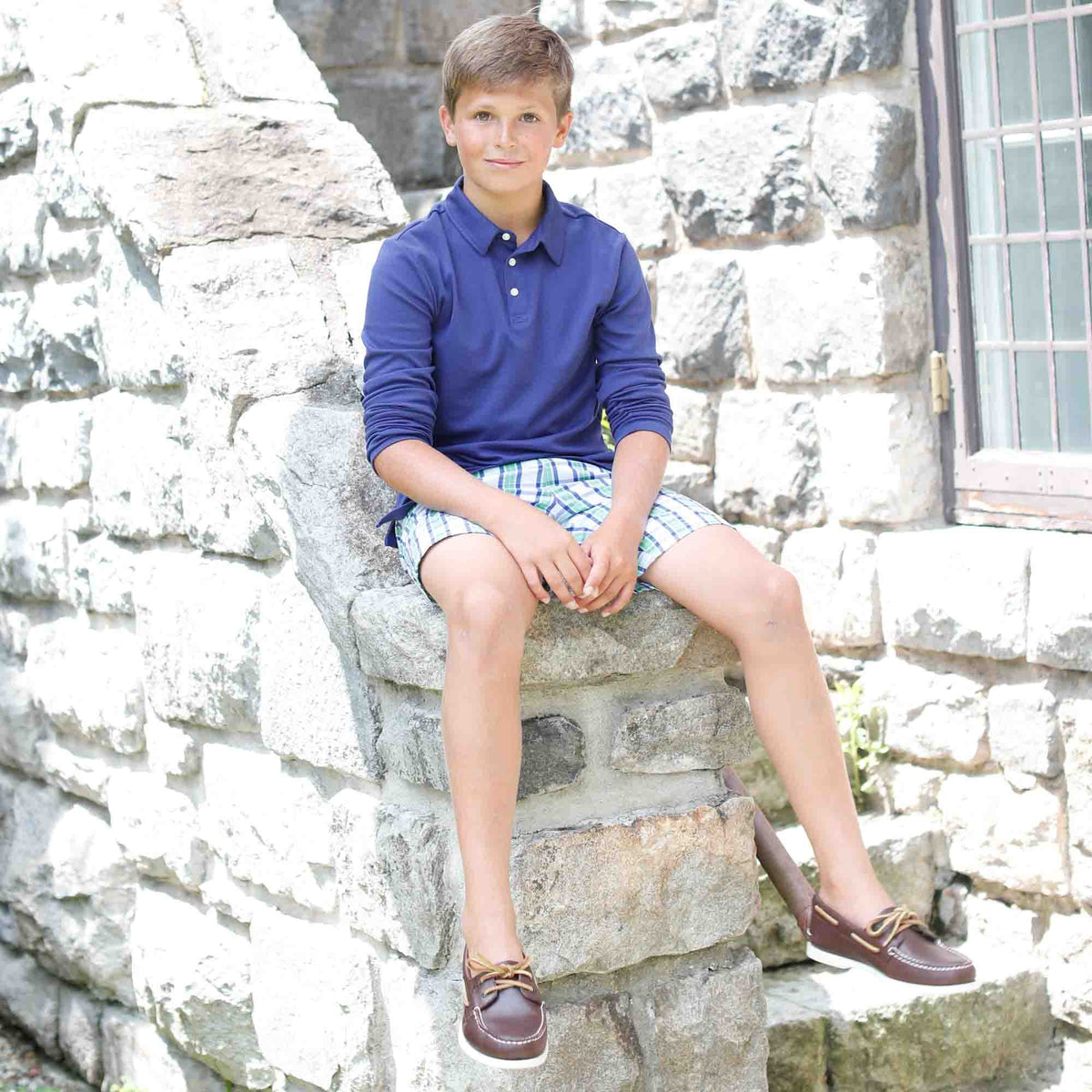 Classic and Preppy Hayden Long Sleeve Polo, Blue Ribbon-Shirts and Tops-CPC - Classic Prep Childrenswear