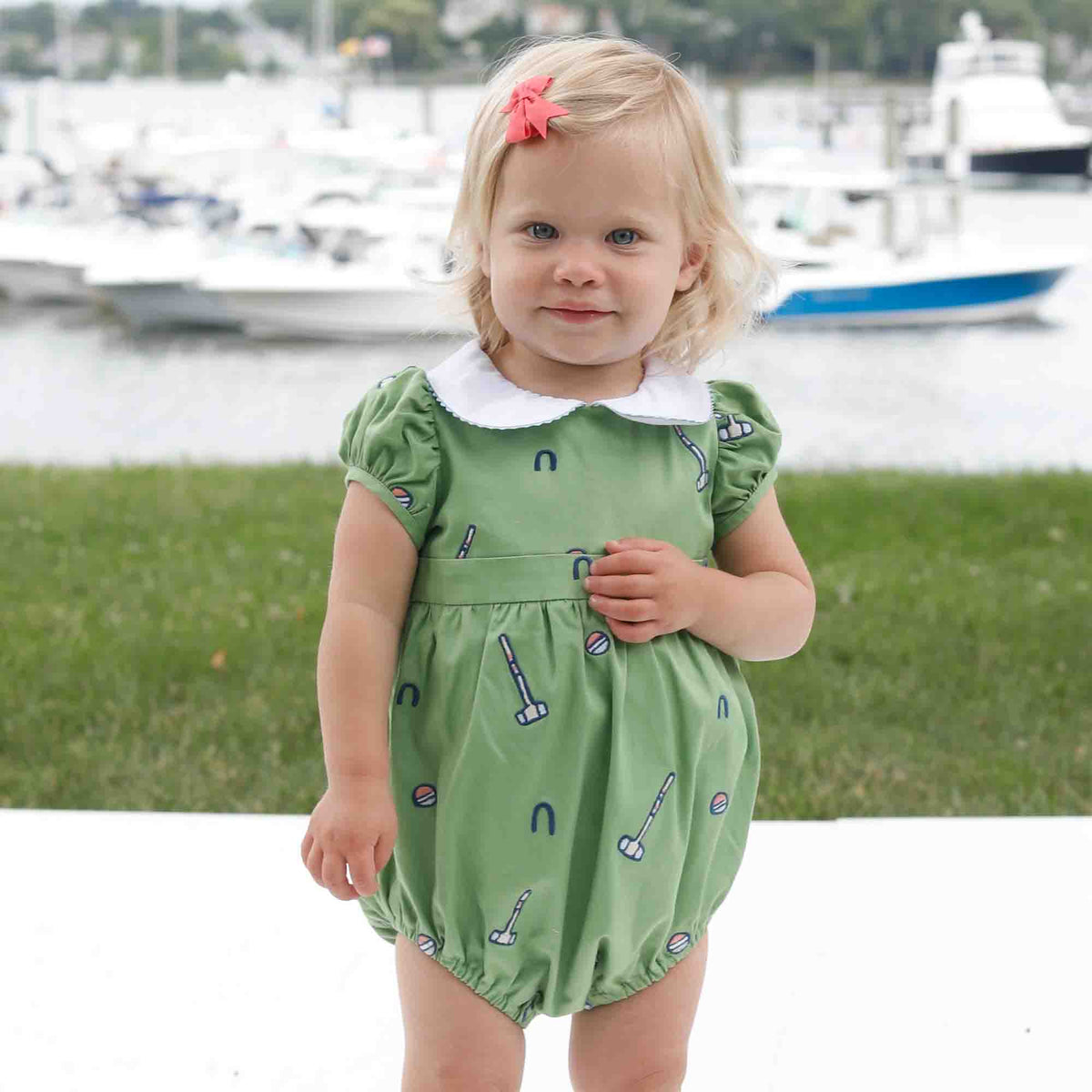 Classic and Preppy Juniper Bubble, Meadow Green Croquet Embroidery-Baby Rompers-CPC - Classic Prep Childrenswear