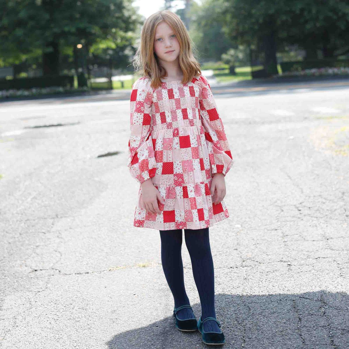 Classic and Preppy Long Sleeve Hattie Dress, Love Patchwork Crimson-Dresses, Jumpsuits and Rompers-CPC - Classic Prep Childrenswear