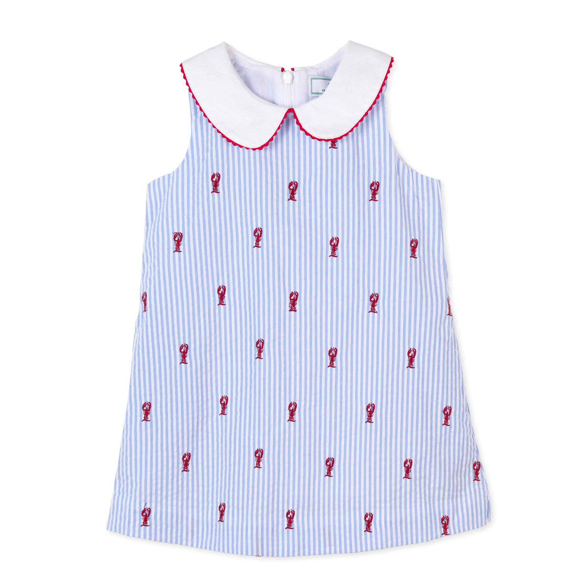 Classic and Preppy Maddie Dress, Vista Blue Seersucker Lobster Embroidery-Dresses, Jumpsuits and Rompers-Lobsters on Vista Blue Seersucker-6-9M-CPC - Classic Prep Childrenswear