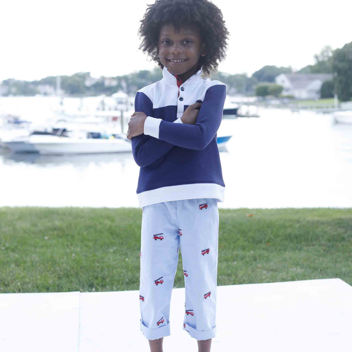 Classic and Preppy Myles Slim Pant, Nantucket Breeze Fire Truck Embroidery-Bottoms-CPC - Classic Prep Childrenswear