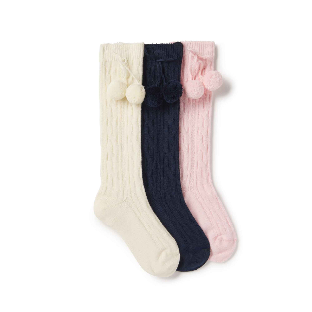 Classic and Preppy Regan Knee High Cable Socks with Pom Poms 3 Pack-Accessory-Heritage Multi-S (2T-5Y)-CPC - Classic Prep Childrenswear