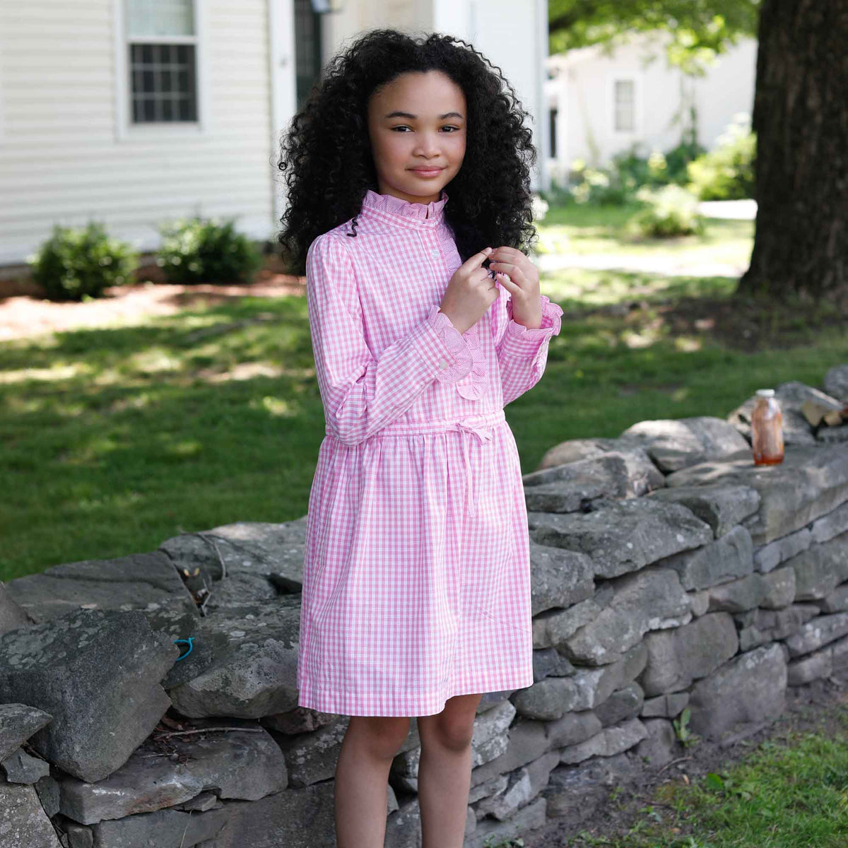Classic and Preppy Sadie Ruffle Shirt Dress, Candy Pink Bloomsbury Party Gingham-Dresses, Jumpsuits and Rompers-CPC - Classic Prep Childrenswear