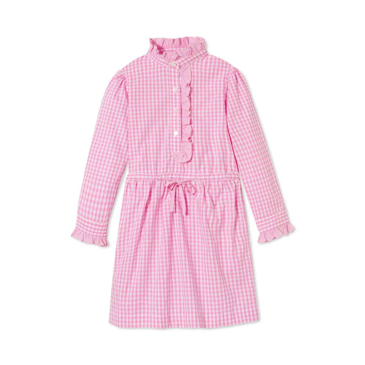 Classic and Preppy Sadie Ruffle Shirt Dress, Candy Pink Bloomsbury Party Gingham-Dresses, Jumpsuits and Rompers-Candy Pink-5Y-CPC - Classic Prep Childrenswear