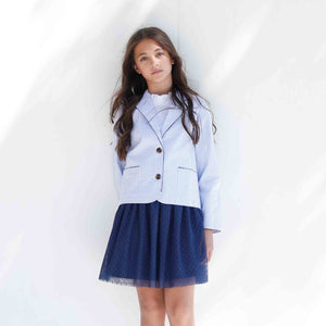 More Image, Classic and Preppy Stella Tulle Polka Dot Skirt, Blue Ribbon-Bottoms-CPC - Classic Prep Childrenswear