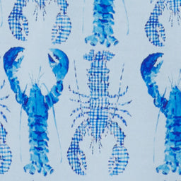 a swatch of our preppy hand painted print featuring blue lobsters in a gingham pattern on a blue background