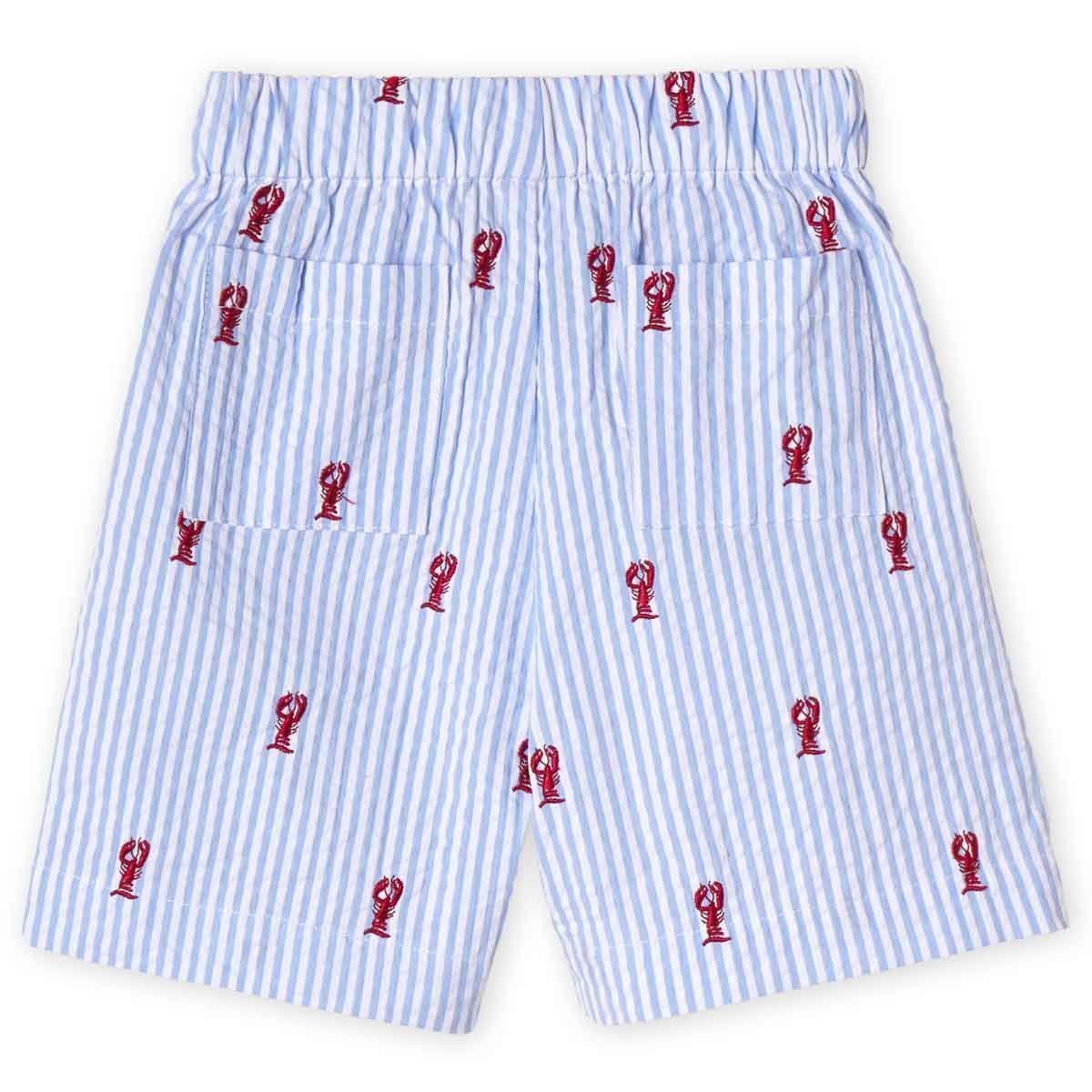 Classic and Preppy Dylan Short, Vista Blue Seersucker Lobster Embroidery-Bottoms-CPC - Classic Prep Childrenswear
