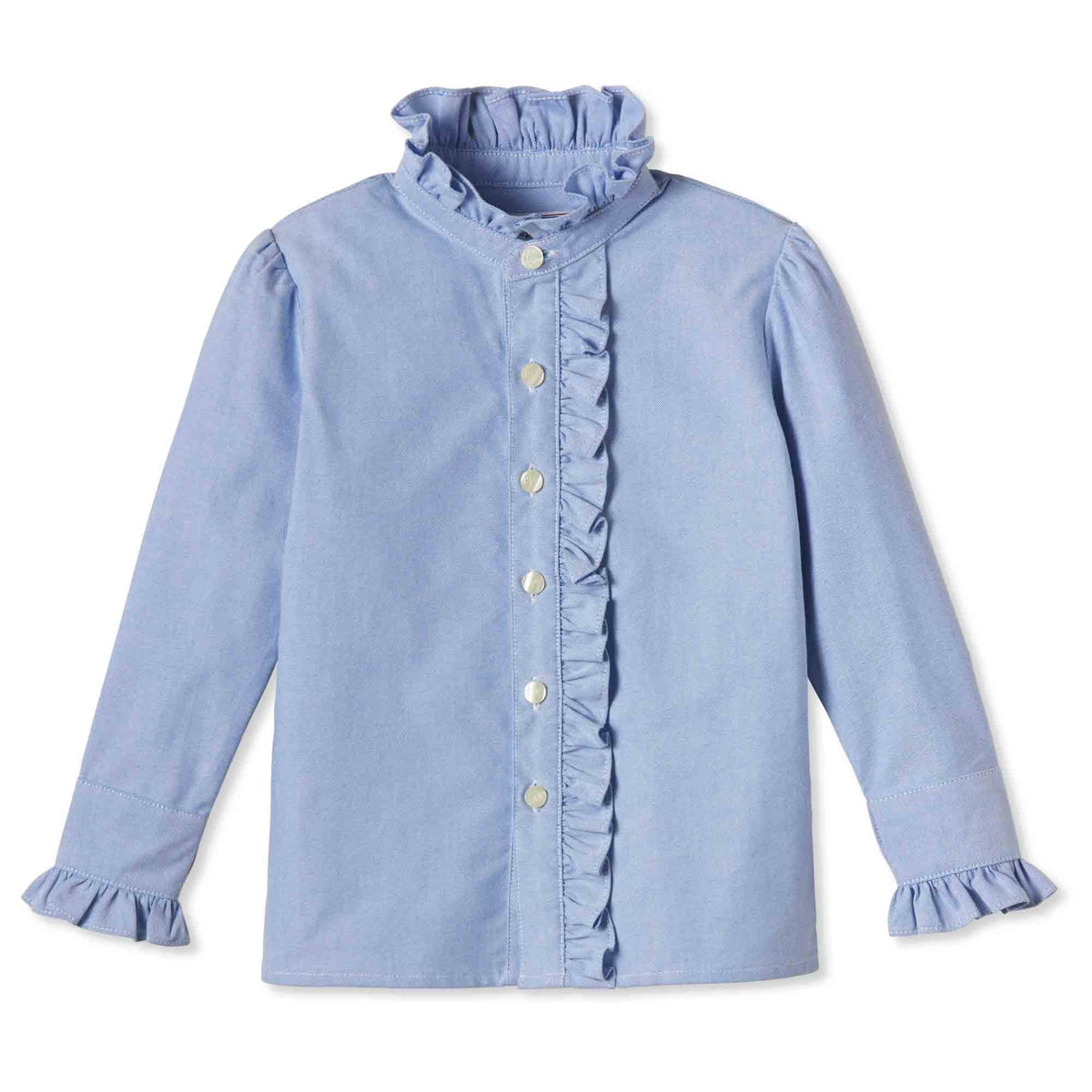 Classic and Preppy Ginny Ruffle Front Button Down Oxford, Nantucket Breeze-Shirts and Tops-Nantucket Breeze-2T-CPC - Classic Prep Childrenswear