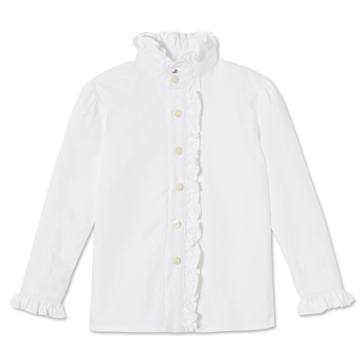 Classic and Preppy Ginny Ruffle Front Button Down Oxford, White-Shirts and Tops-Solid White Oxford-2T-CPC - Classic Prep Childrenswear