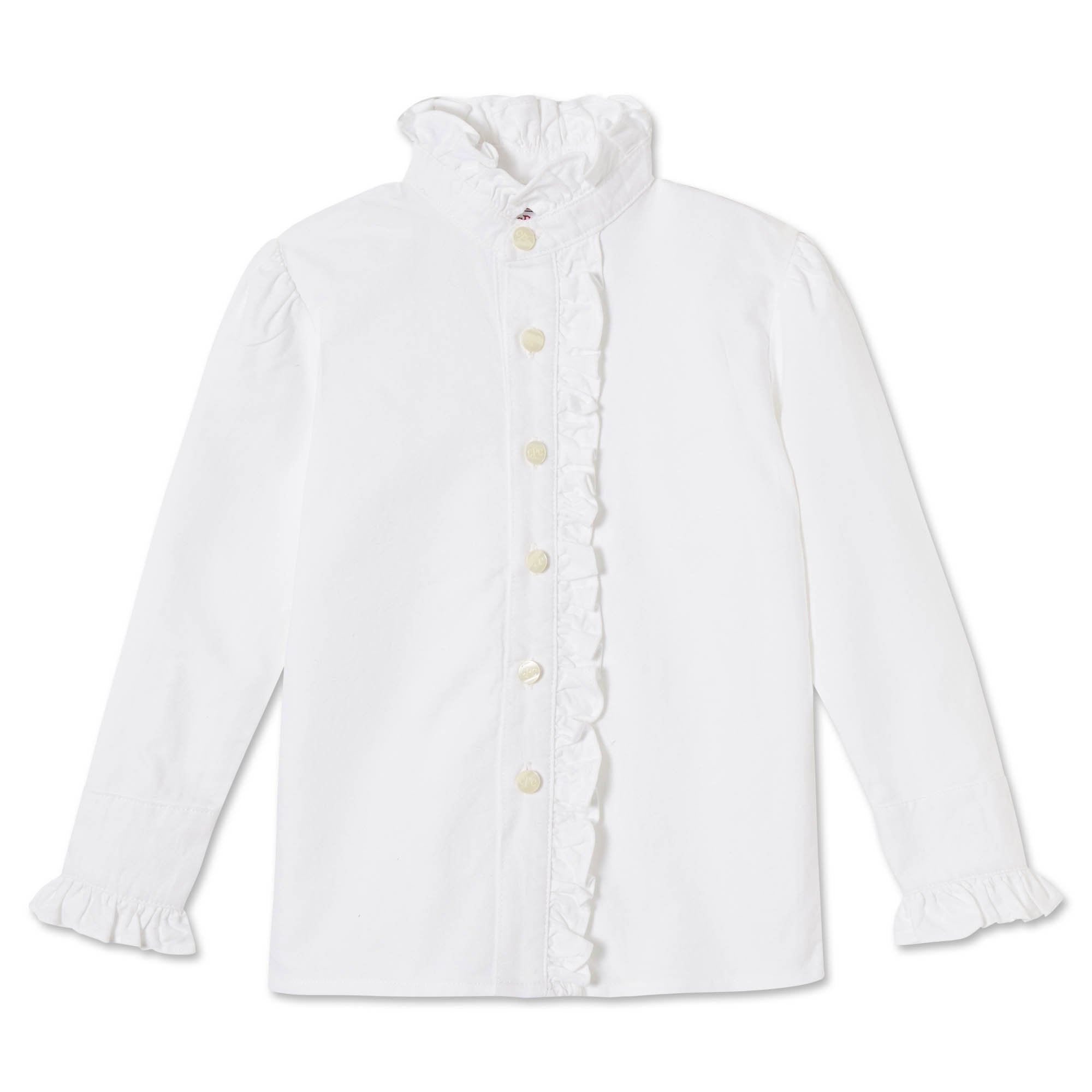 Classic and Preppy Ginny Ruffle Front Button Down Oxford, White-Shirts and Tops-Solid White Oxford-2T-CPC - Classic Prep Childrenswear