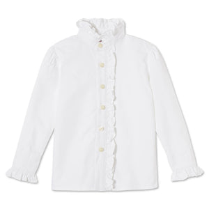 More Image, Classic and Preppy Ginny Ruffle Front Button Down Oxford, White-Shirts and Tops-Solid White Oxford-2T-CPC - Classic Prep Childrenswear