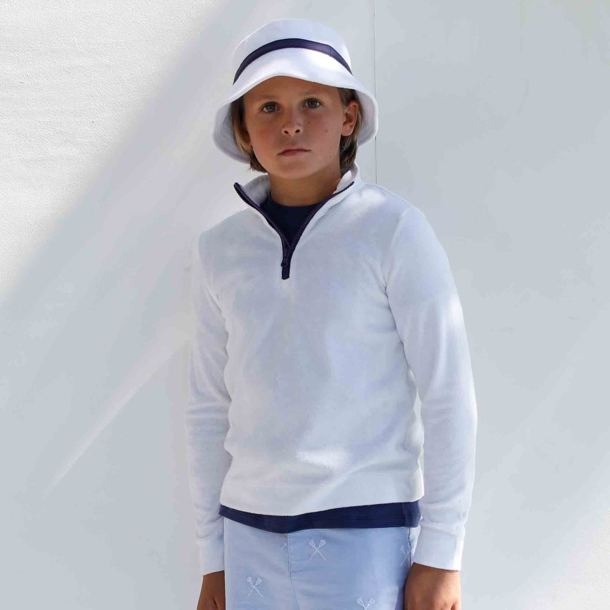 Classic and Preppy Holden 1/2 Zip, Bright White Looped Terry-Shirts and Tops-CPC - Classic Prep Childrenswear