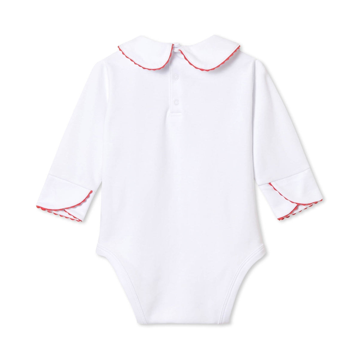Classic and Preppy Izzy Long Sleeve Onesie, White with Crimson Ric Rac-Baby Rompers-CPC - Classic Prep Childrenswear
