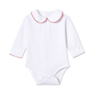 More Image, Classic and Preppy Izzy Long Sleeve Onesie, White with Crimson Ric Rac-Baby Rompers-Bright White with Crimson Ric Rac-0-3M-CPC - Classic Prep Childrenswear