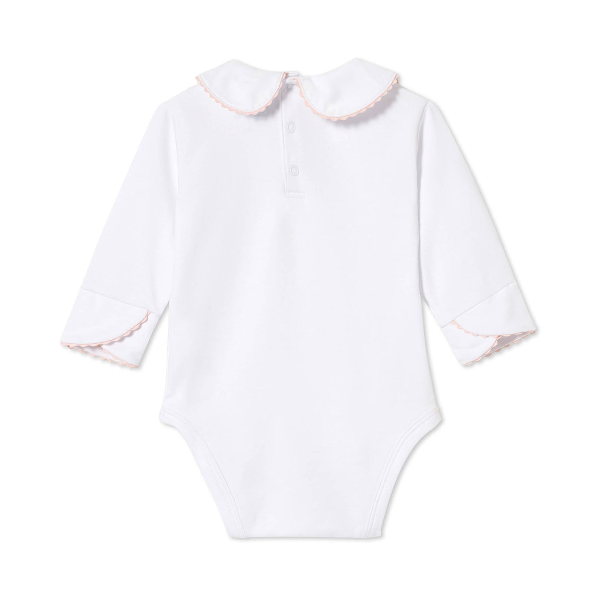 Classic and Preppy Izzy Long Sleeve Onesie, White with Lilly&#39;s Pink Ric Rac-Baby Rompers-CPC - Classic Prep Childrenswear