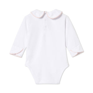 More Image, Classic and Preppy Izzy Long Sleeve Onesie, White with Lilly's Pink Ric Rac-Baby Rompers-CPC - Classic Prep Childrenswear