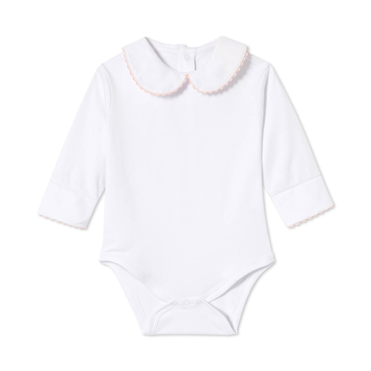 Classic and Preppy Izzy Long Sleeve Onesie, White with Lilly&#39;s Pink Ric Rac-Baby Rompers-Bright White with Lilly&#39;s Pink Ric Rac-0-3M-CPC - Classic Prep Childrenswear