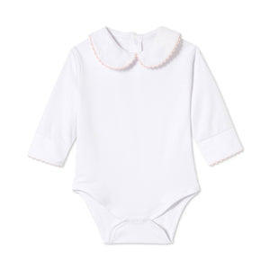 More Image, Classic and Preppy Izzy Long Sleeve Onesie, White with Lilly's Pink Ric Rac-Baby Rompers-Bright White with Lilly's Pink Ric Rac-0-3M-CPC - Classic Prep Childrenswear