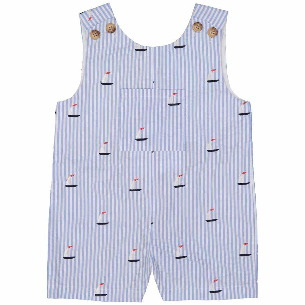 Classic and Preppy James Shortall, Vista Blue Seersucker Sailboat Embroidery-Baby Rompers-Sailboat on Vista Blue Seersucker-0-3M-CPC - Classic Prep Childrenswear