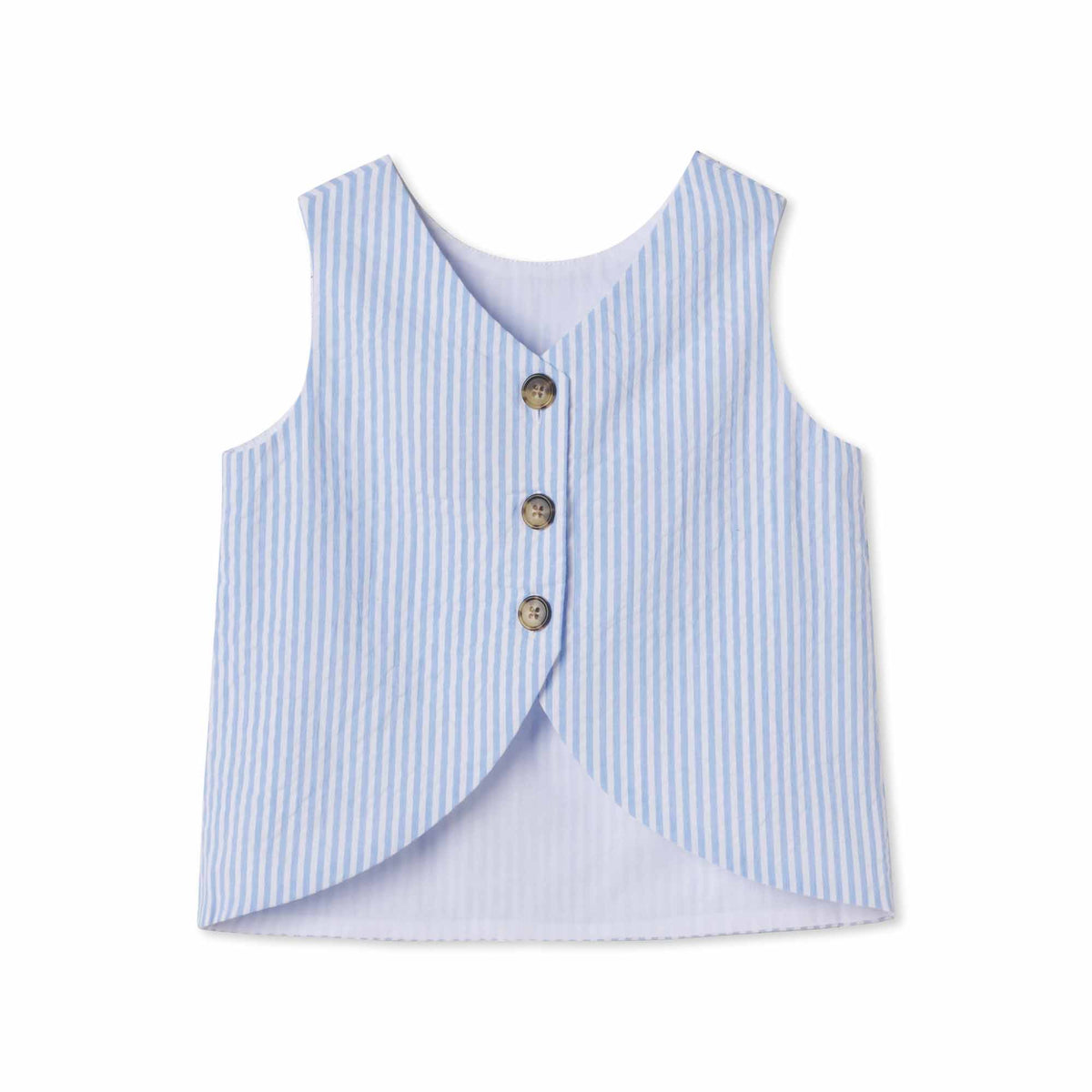 Classic and Preppy Kingsley Button Back Top, Vista Blue Seersucker-Shirts and Tops-CPC - Classic Prep Childrenswear