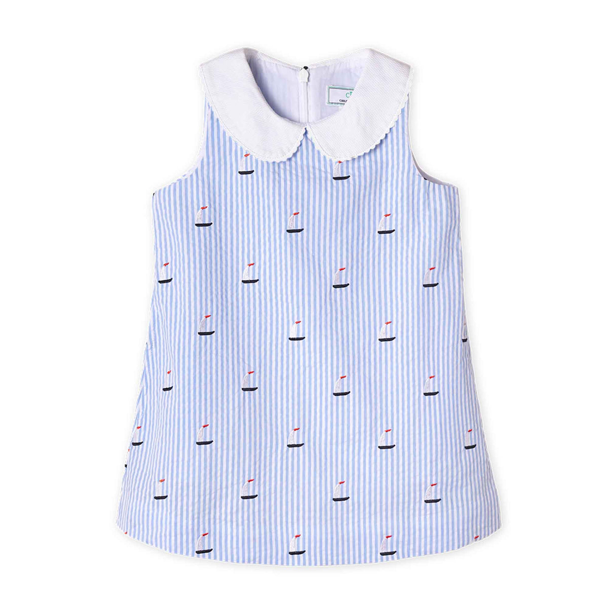 Classic and Preppy Maddie Dress, Sailboats on Blue Seersucker-Dresses, Jumpsuits and Rompers-Sailboats on Blue Seersucker-6-9M-CPC - Classic Prep Childrenswear