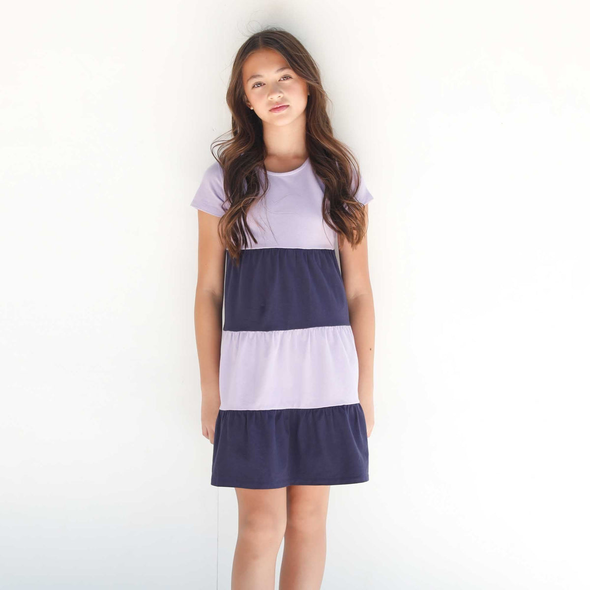 Classic and Preppy Short Sleeve Holly Tiered Colorblock Dress, Purple Pique-Dresses, Jumpsuits and Rompers-CPC - Classic Prep Childrenswear