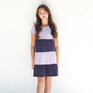 More Image, Classic and Preppy Short Sleeve Holly Tiered Colorblock Dress, Purple Pique-Dresses, Jumpsuits and Rompers-CPC - Classic Prep Childrenswear