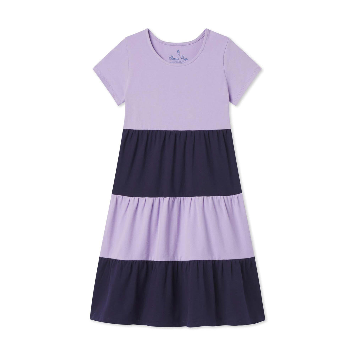 Classic and Preppy Short Sleeve Holly Tiered Colorblock Dress, Purple Pique-Dresses, Jumpsuits and Rompers-Purple Impression-2T-CPC - Classic Prep Childrenswear