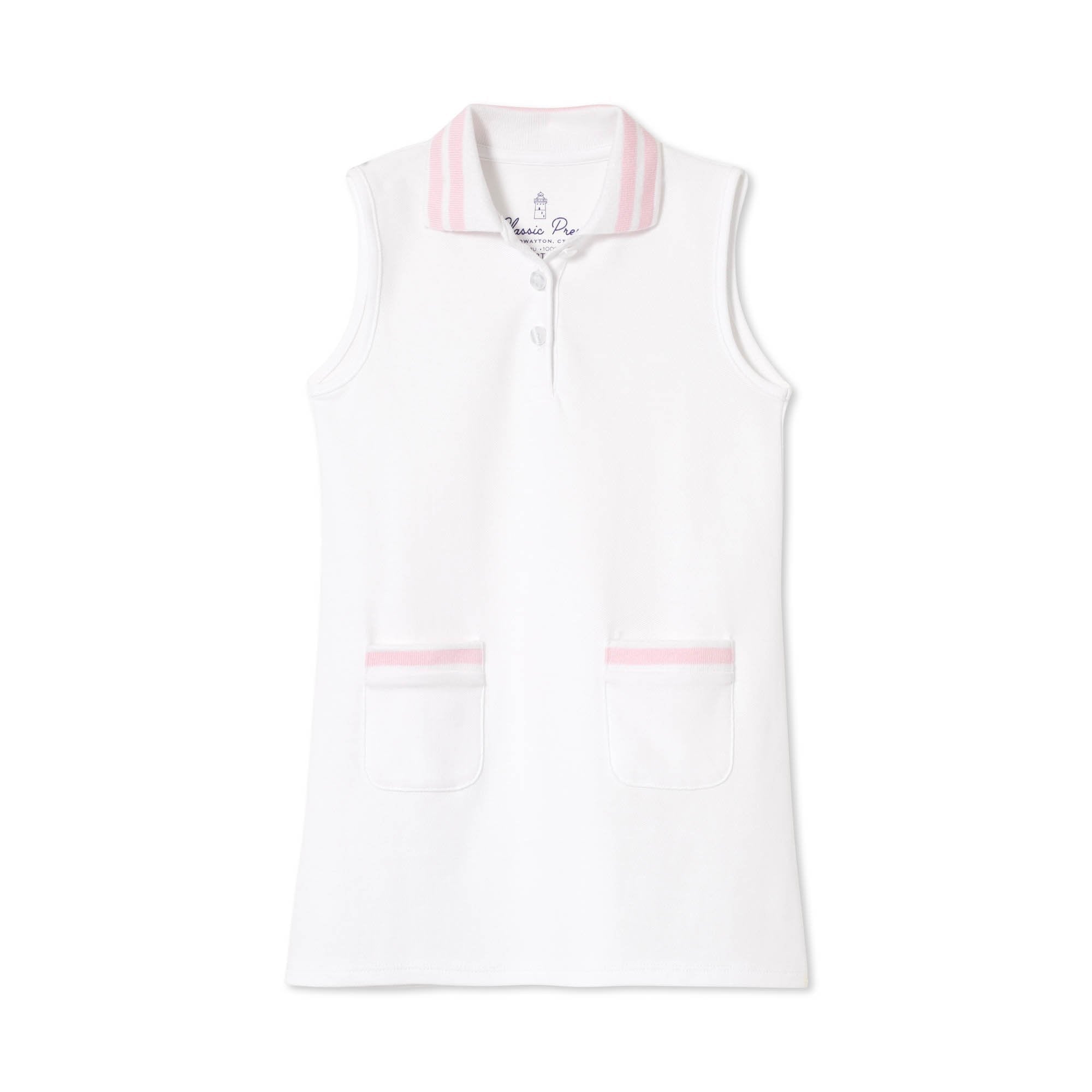 Classic and Preppy Teagan Tennis Dress, White Pique with Pink-Dresses, Jumpsuits and Rompers-Bright White-2T-CPC - Classic Prep Childrenswear