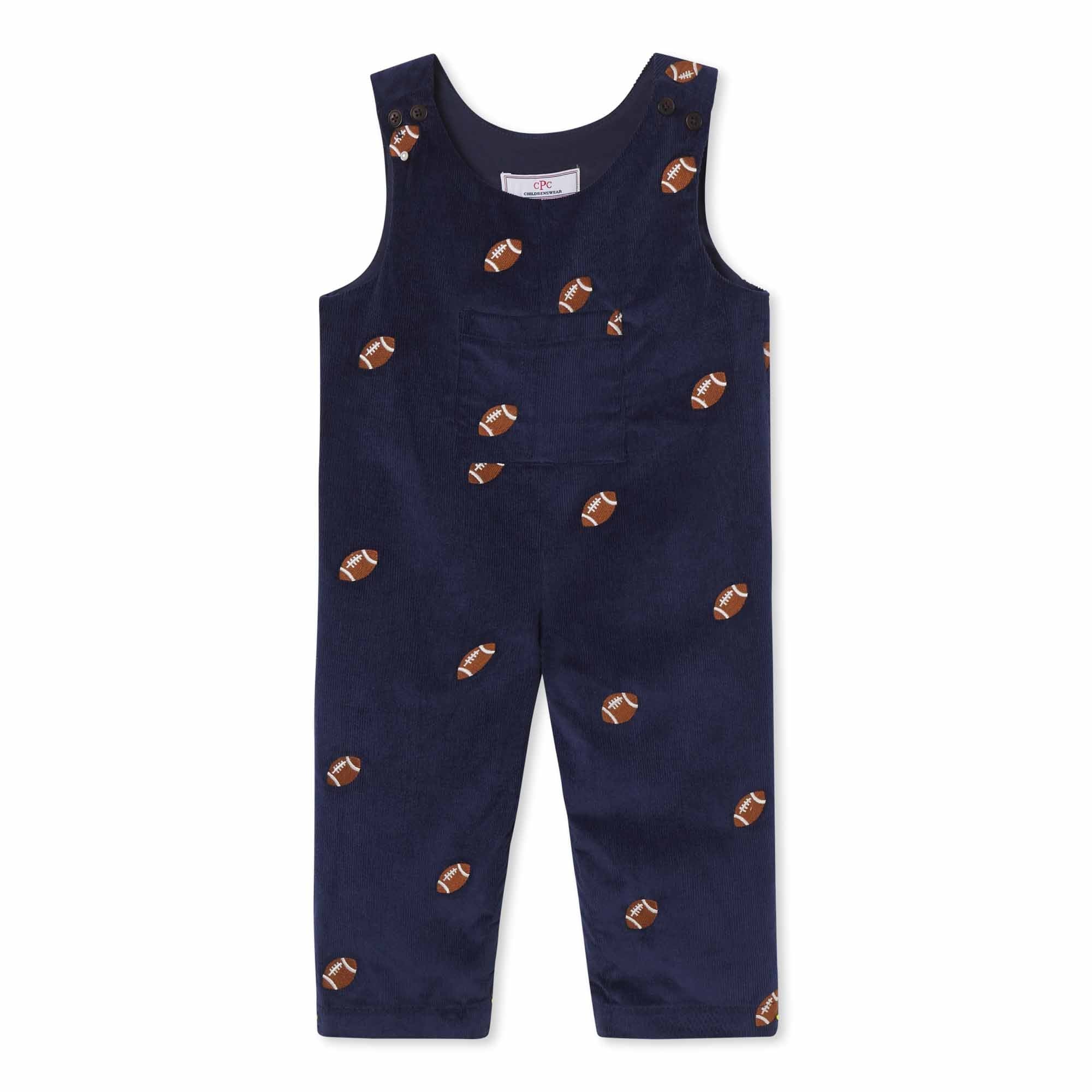 Classic and Preppy Tucker Longall, Medieval Blue Cord with Footballs-Baby Rompers-Medieval Blue W/ Footballs-3-6M-CPC - Classic Prep Childrenswear