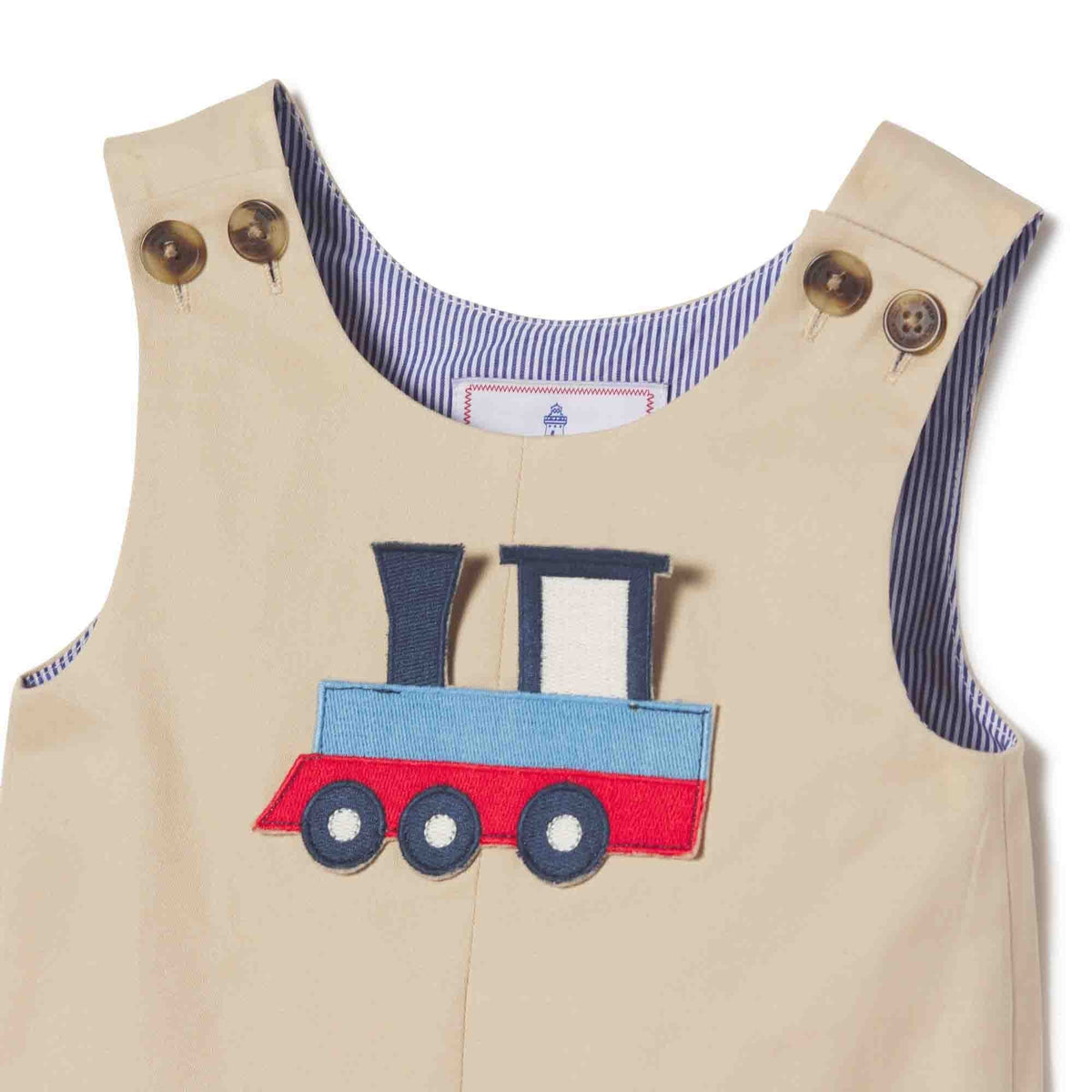 Classic and Preppy Tucker Longall Train Patch Pocket, Pebble-Baby Rompers-CPC - Classic Prep Childrenswear